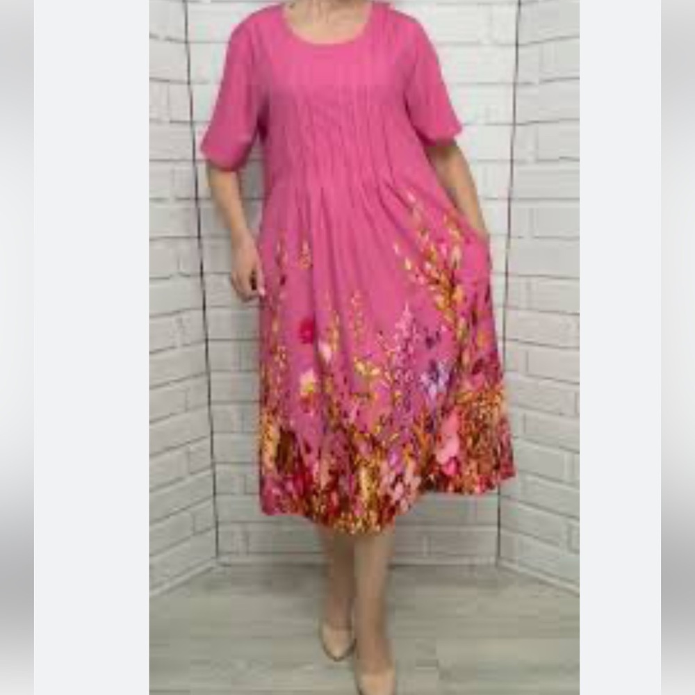 Women's Pink Floral Midi Dress with Border Print